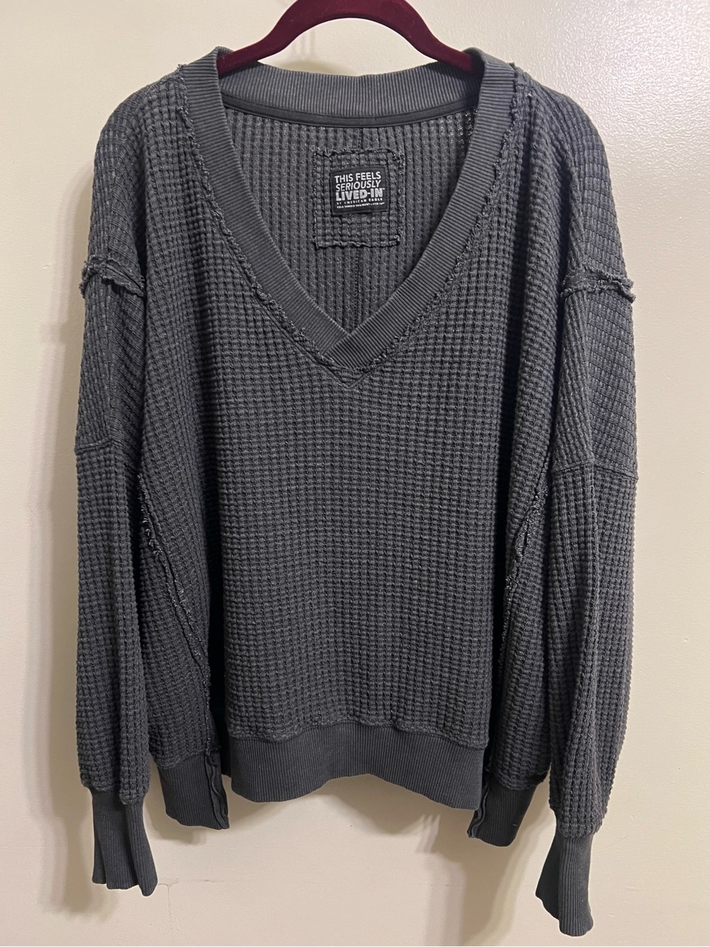 American Eagle Oversized Big Hug Waffle Sweatshirt XL V Neck Slouchy Distressed - Picture 2 of 13